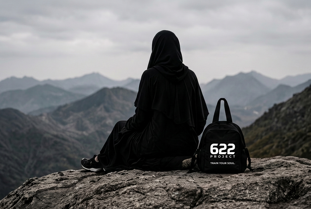 Une femme assise face aux montagnes, sac à dos 622 Project