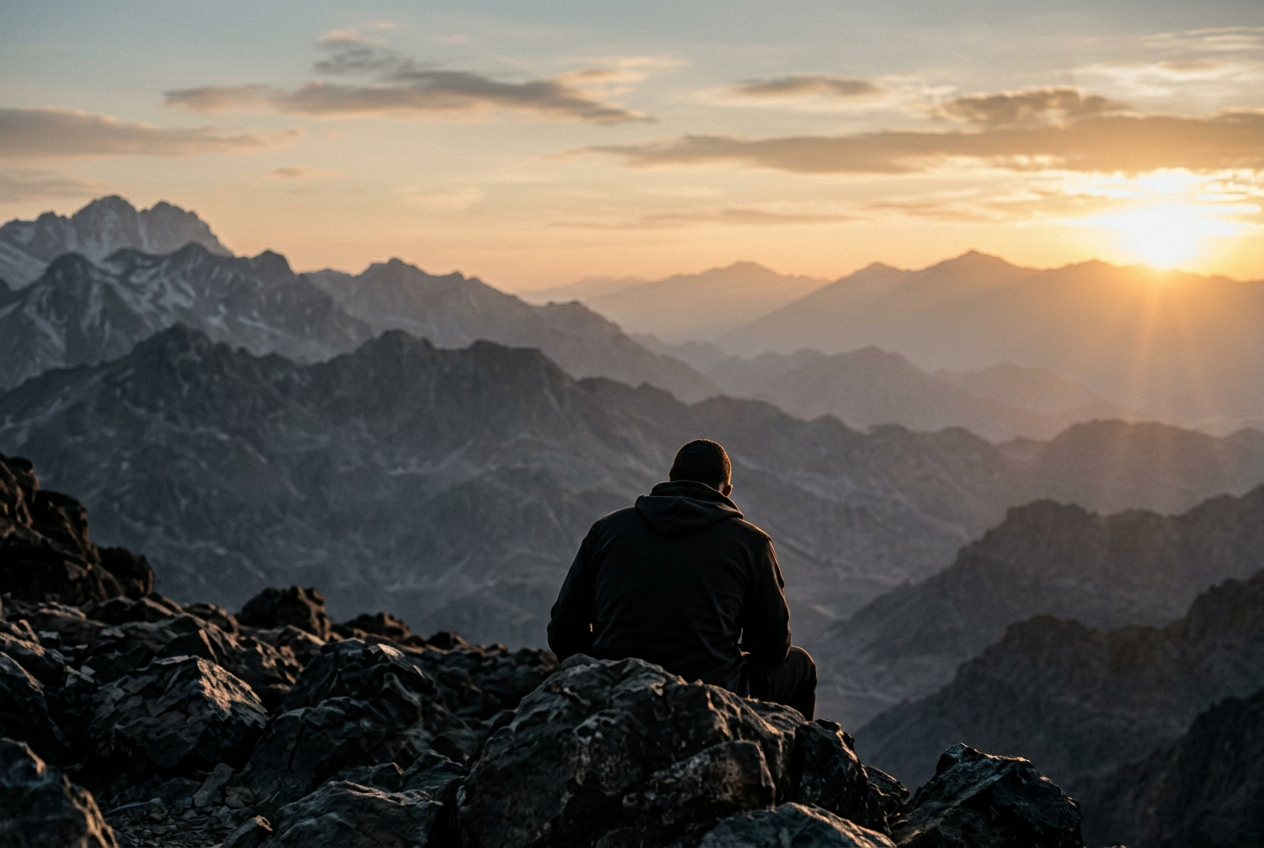 Un homme assis face aux montagnes au coucher du soleil